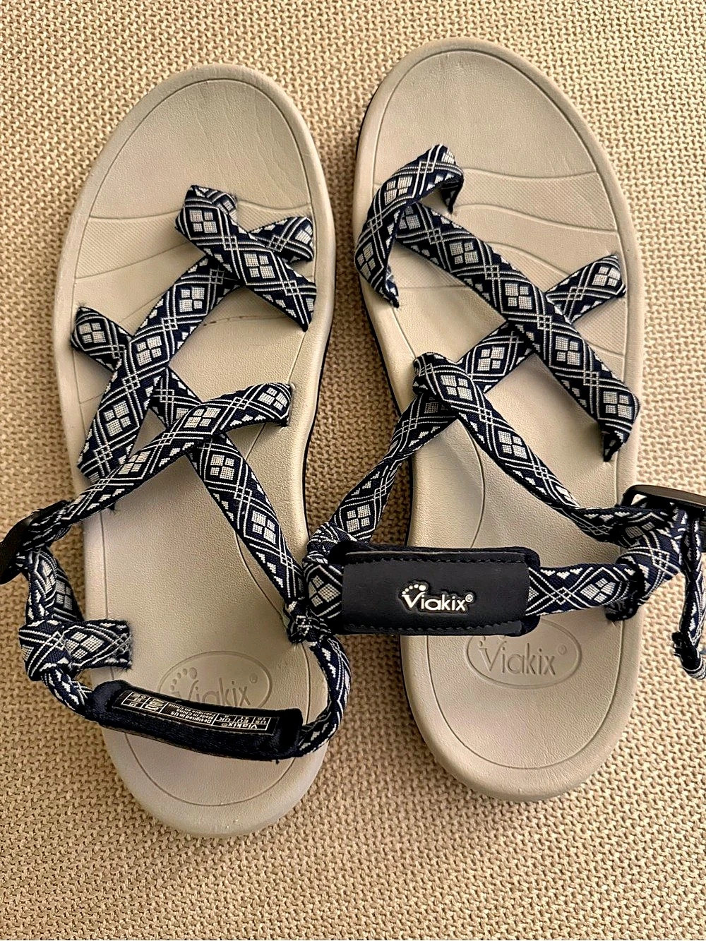 Viakix Women's Geometric Strap Sandals in Beige & Black